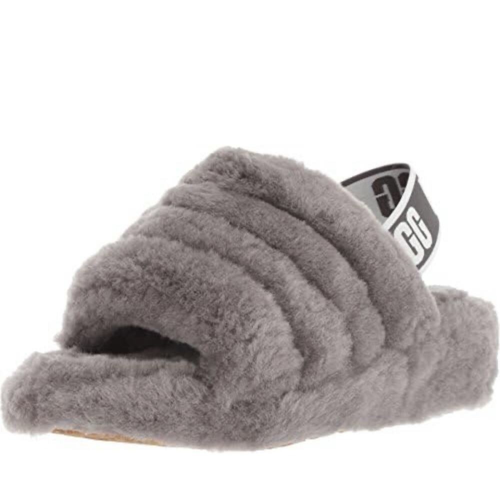 Ugg Sz 7 Oh Yeah Fluffy Double Strap Flat Slippers‎ Slides Sandals in Grey